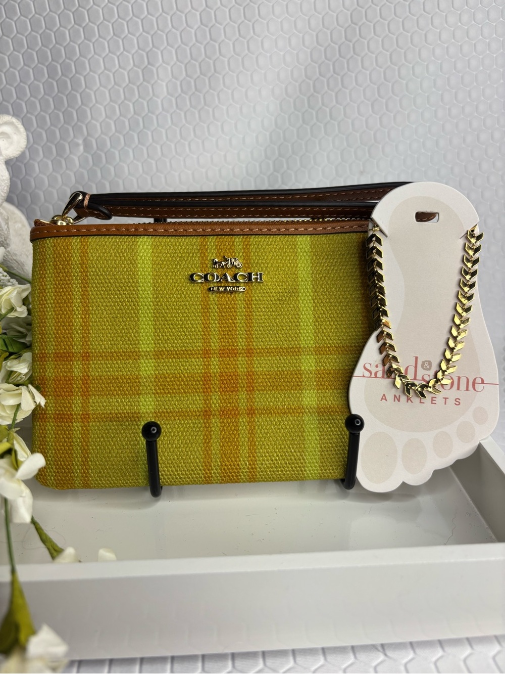 COACH  Plaid Canvas Wristlet with Brown Leather Trim and Anklet NWT